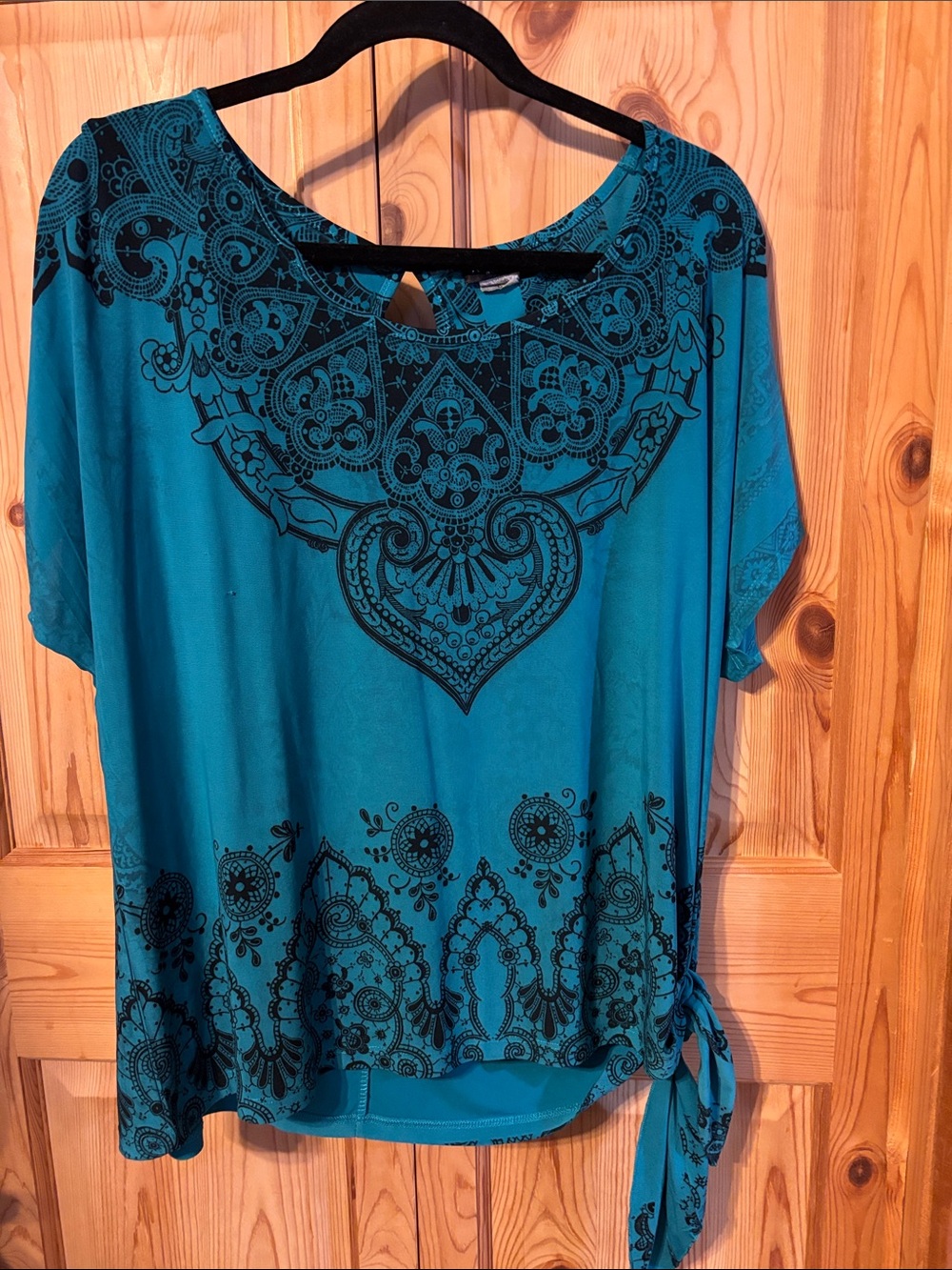 Perseption Teal Short-Sleeve Printed Top with Side Tie